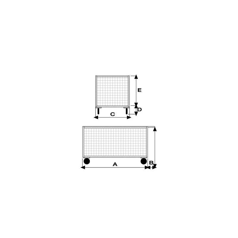 Pianale verniciato a 4 sponde di cui 1 ribaltabile in rete con ruote antiforatura, 2 con freno