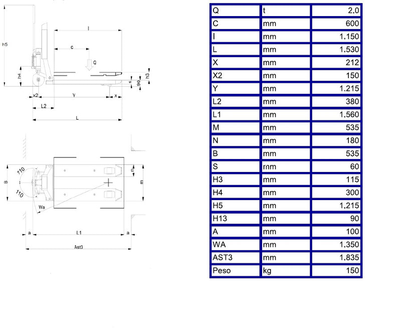 traspallet manuale con bilancia integrata-20T inox AISI316