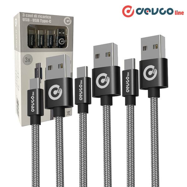 Kit-Set mit 3 USB-Kabeln [1m, 2m, 3m] USB-A / USB-C-Anschluss Ladekabel 
