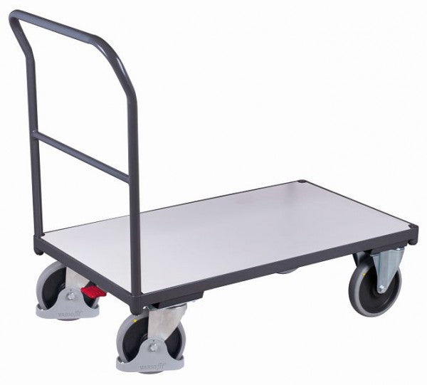 Belastung des Trolleys mit VARIOfit ESD-Schiebebügel: 500 kg Ladefläche: 1.030 x 600-800 mm (L/B) EasySTOP-Bereifung aus Vollgummi einseitig