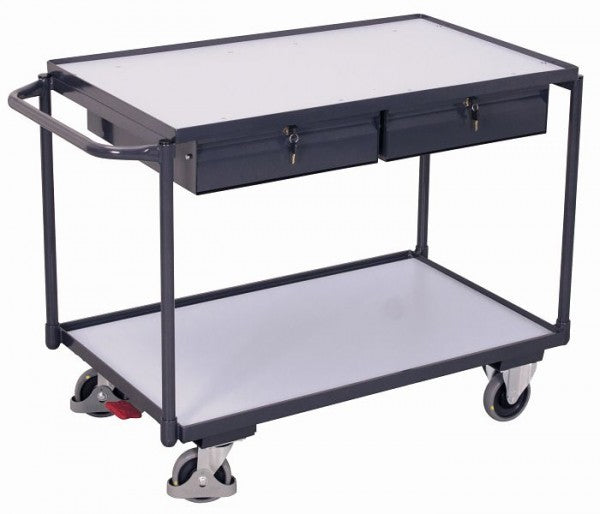 VARIOfit ESD-Tischwagen mit 2 Ladeflächen und 2 Schubladen, Außenmaße: 1.175 x 625 x 850 mm (B/T/H), Ladeflächenboden: 985 x 605 mm (B/T), schwarz-600.939
